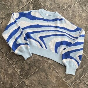 DREAMERS BY DEBUT Blue Abstract Wave Pattern Urban Coquette Cropped Sweater
